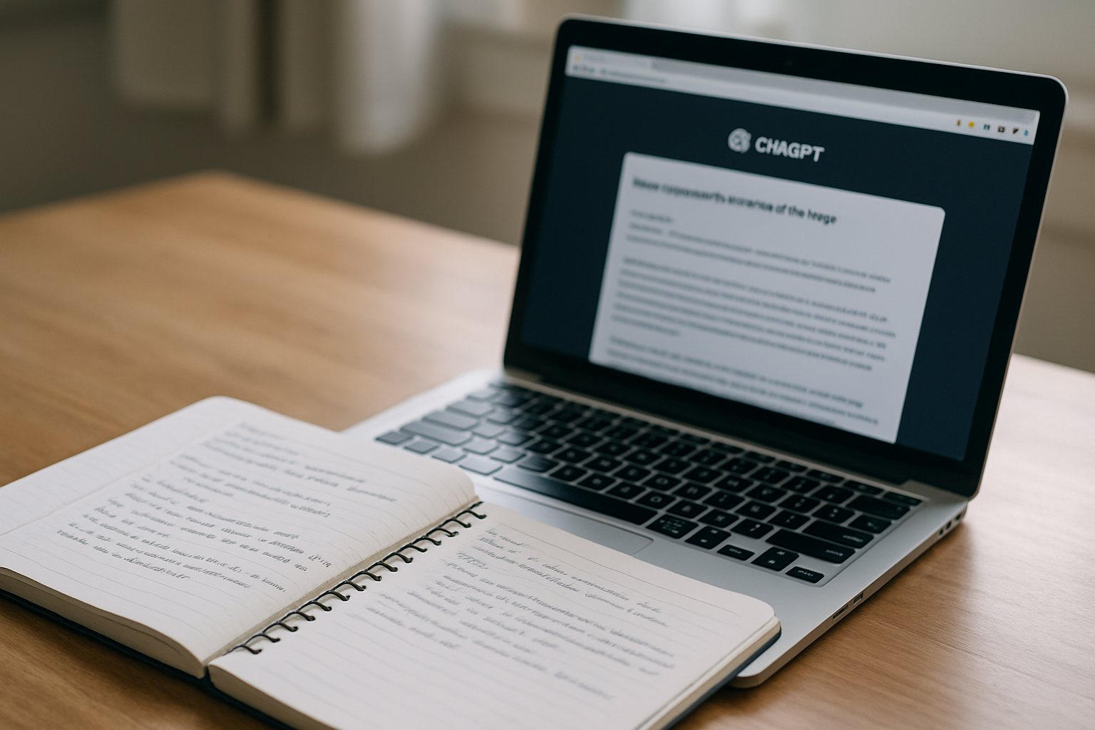 Handwritten notes next to a ChatGPT summary on a laptop