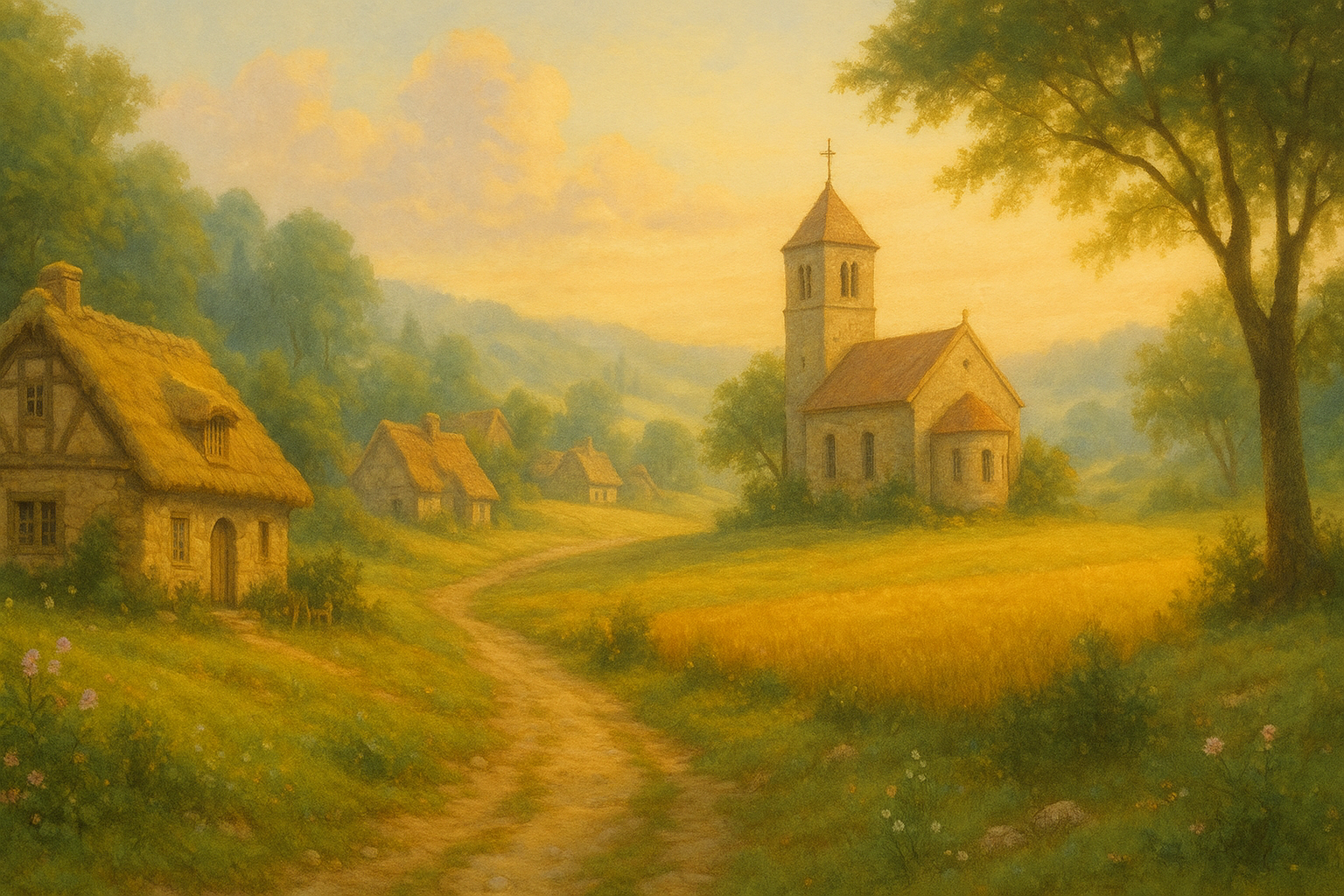 中世の農村と小さな教会の風景