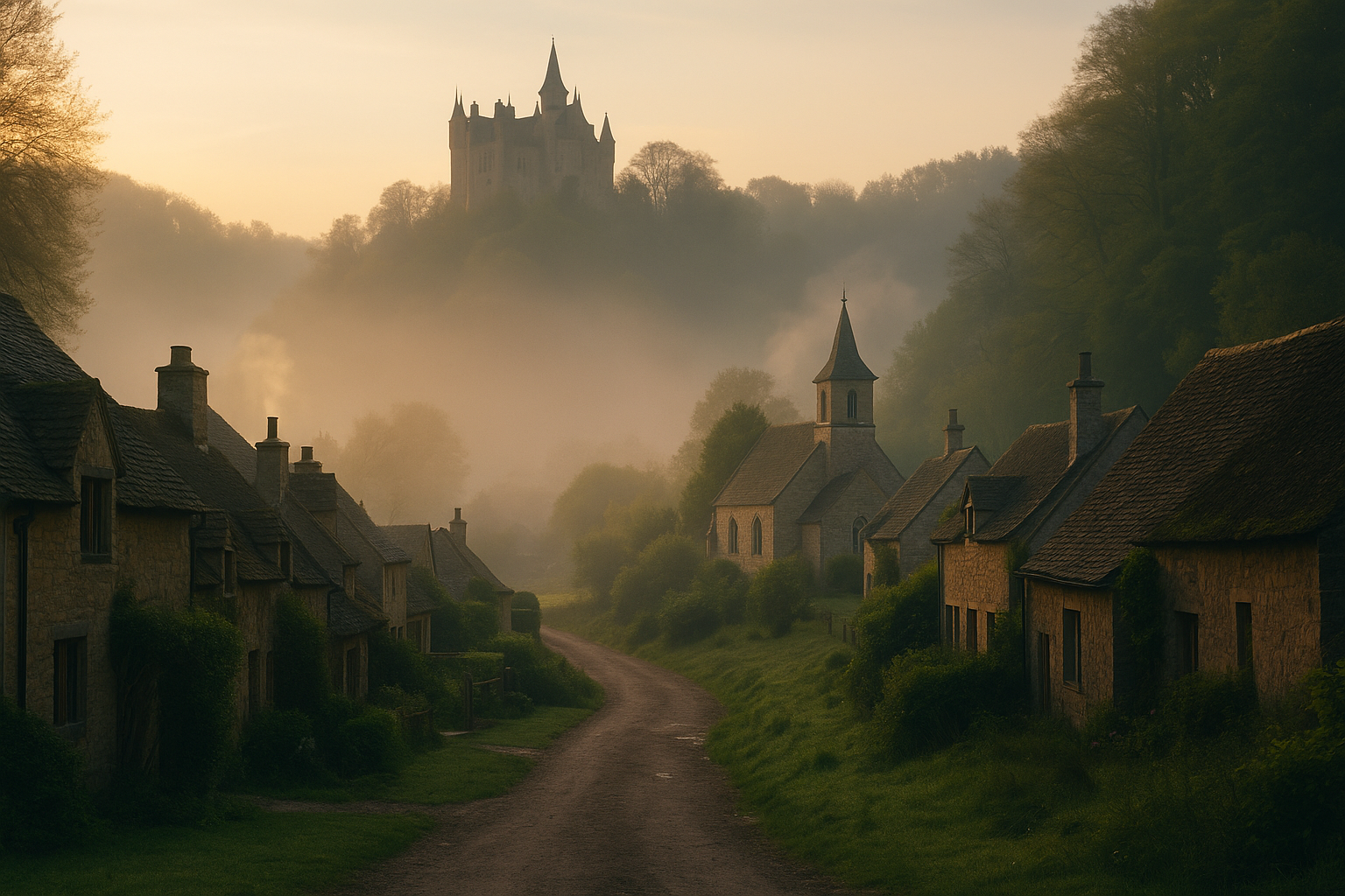 幻想的な城と朝もやに包まれた村