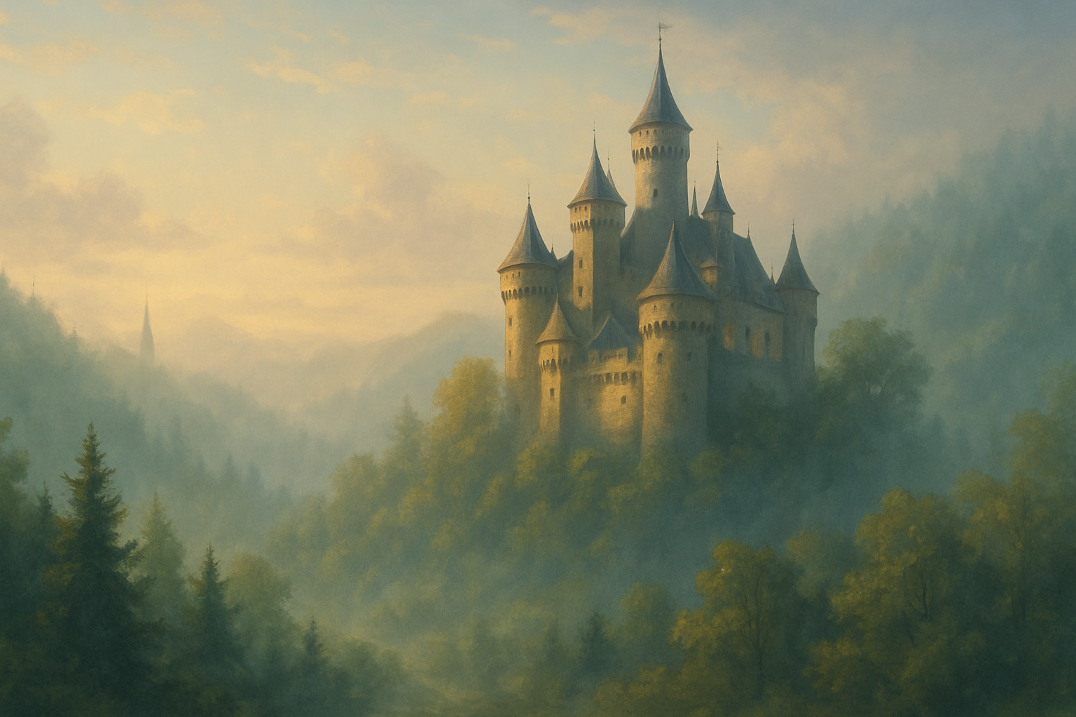 霧に包まれた中世の城と森