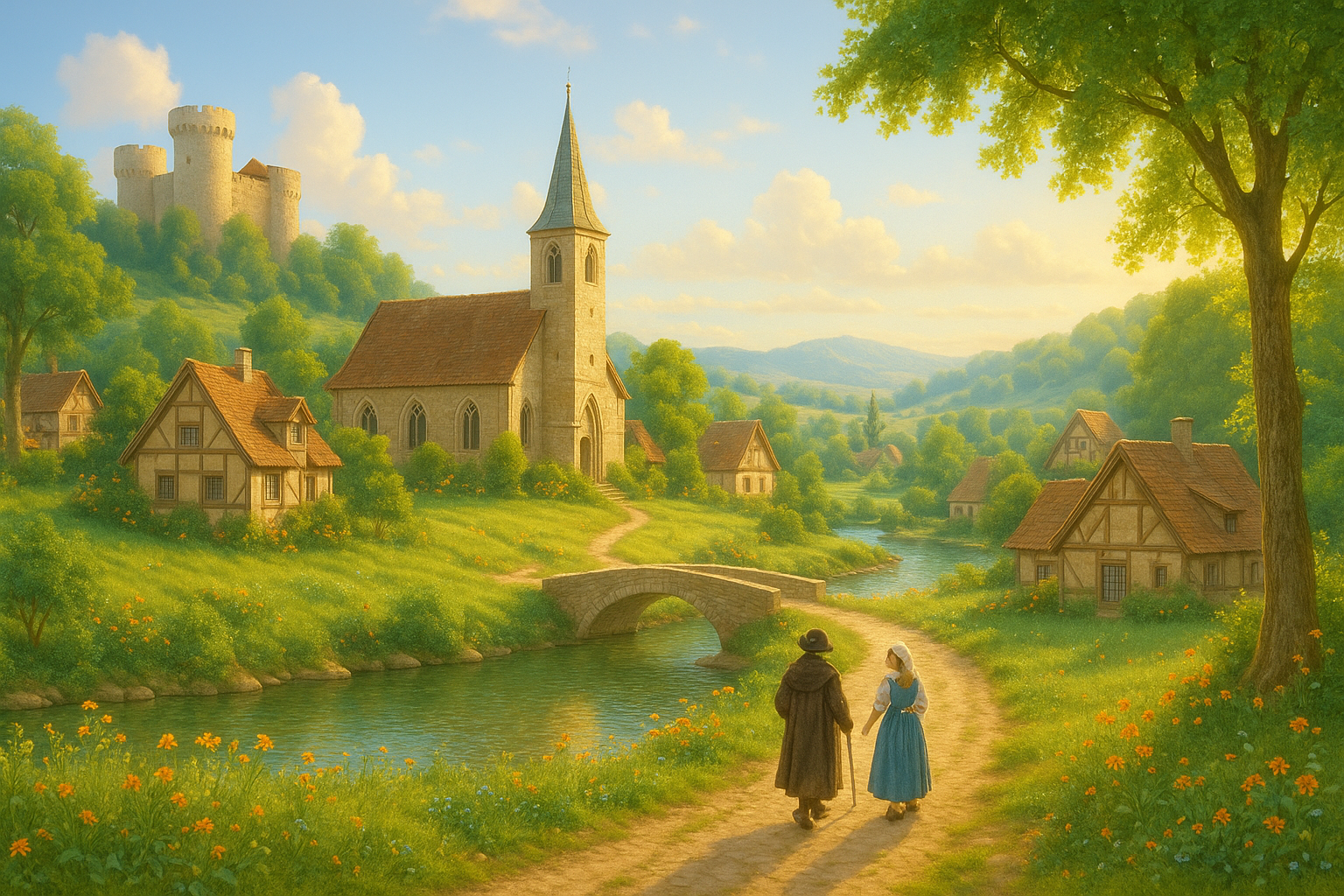 Peaceful medieval village with rolling green hills