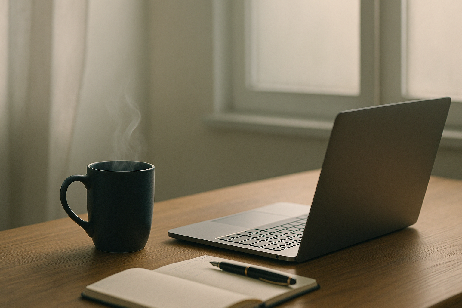 静かなデスクにノートPCと湯気の立つマグ。窓から柔らかな光──“考える時間”を感じさせる横長の一枚。