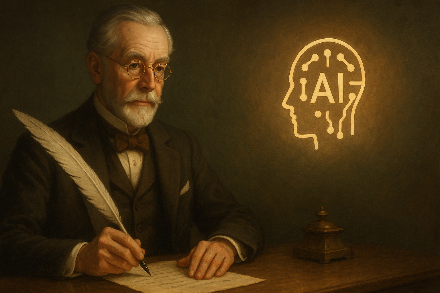 Symbol of an AI emblem flanked by an English gentleman and quill